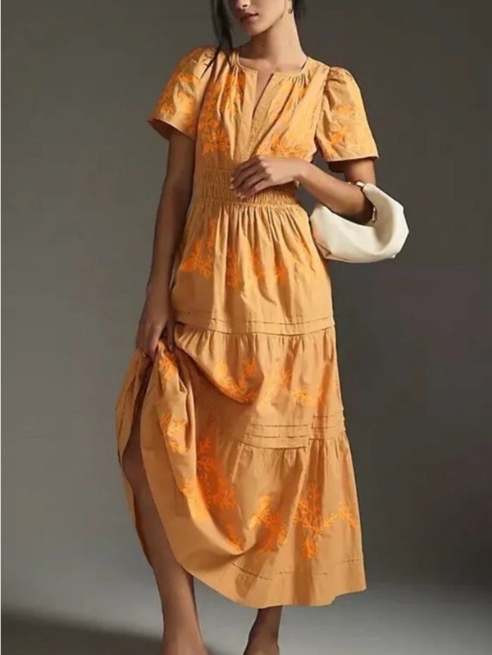 Anthro Somerset Embroidered Maxi Dress XL Mustard Boho Cottagecore Smocked Waist